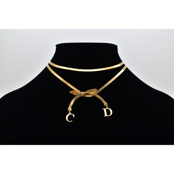 Christian Dior Vintage Logo CD Bow Necklace Collar Gold Multi-Chain Signed BinBN - Picture 1 of 12